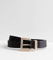 New Look Black Leather-Look Faux Pearl Buckle Belt